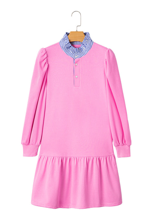 Contrast Striped Collar Patchwork Puff Sleeve Ruffle Hem Mini Dress